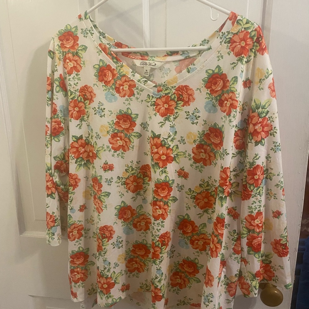 The Pioneer Woman Floral Blouse with Red and Green Accents